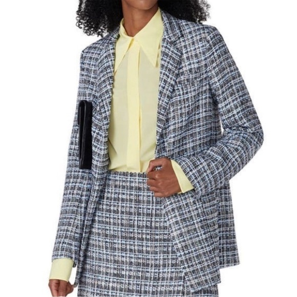Adam Lippes Blue Tweed Blazer Lined Pockets Career Boss Jacket Boucle Sz 14 - Picture 1 of 15